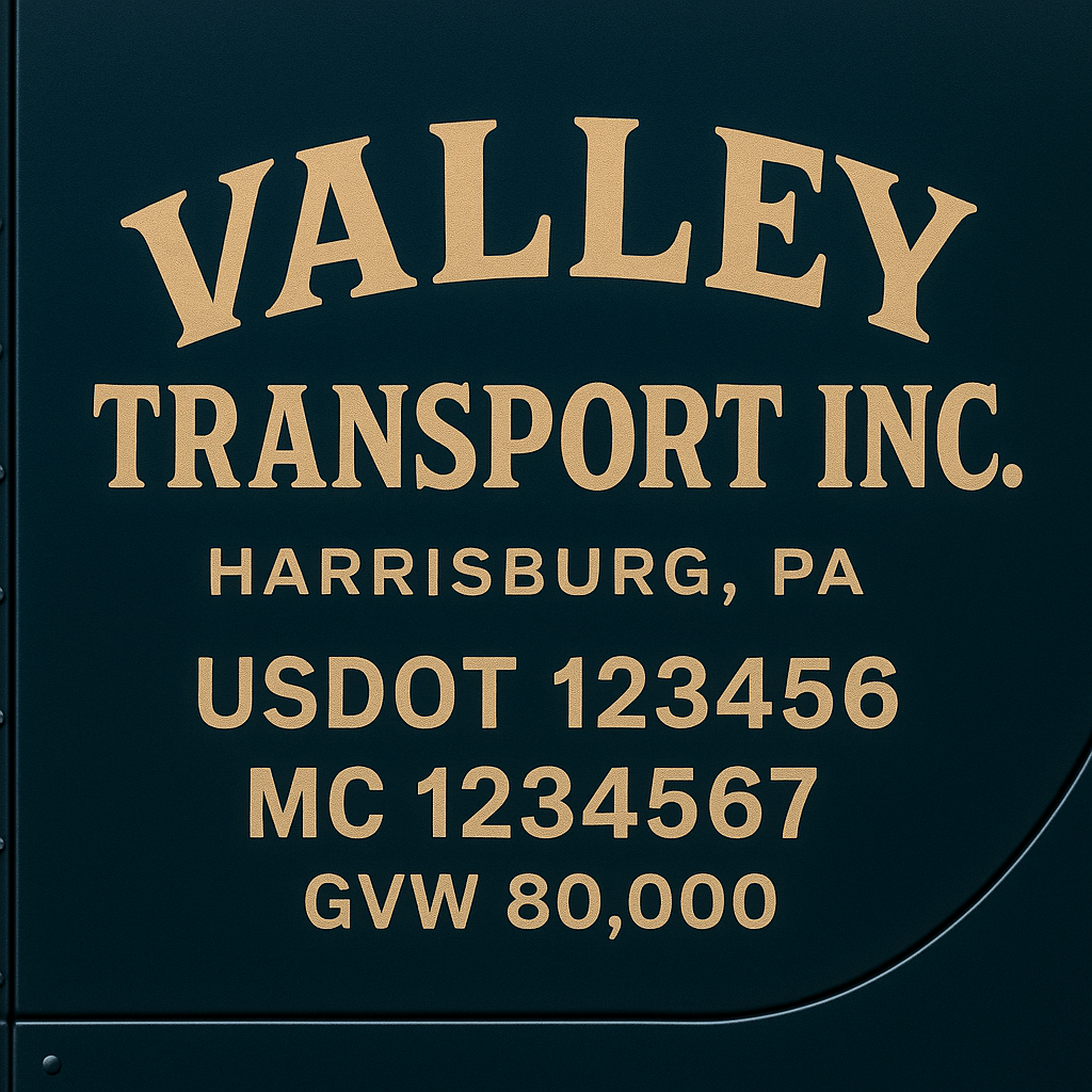 Custom Truck Door Lettering Sticker Decal Signs With Company Name, Location, USDOT, MC, CA, KYU, GVW & More | Create Your Own USDOT Truck Door Sign