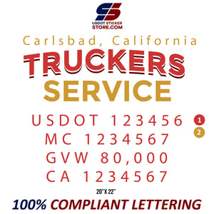 Company Name 2 Lines + 5 Regulation Numbers Trucking Themed Decals Lettering (USDOT, MC, GVW, CA), 2 Pack