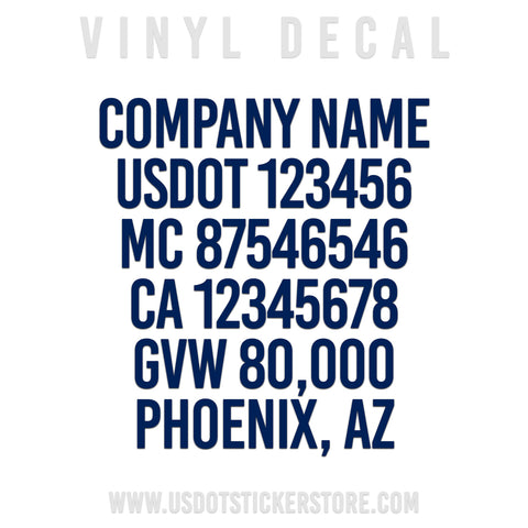 company name decal with 5 lines of regulation numbers