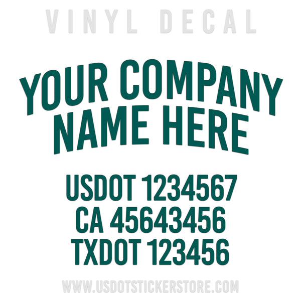 arched company name decal with usdot, ca, txdot