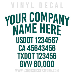 company name decal with usdot, ca, txdot, gvw numbers