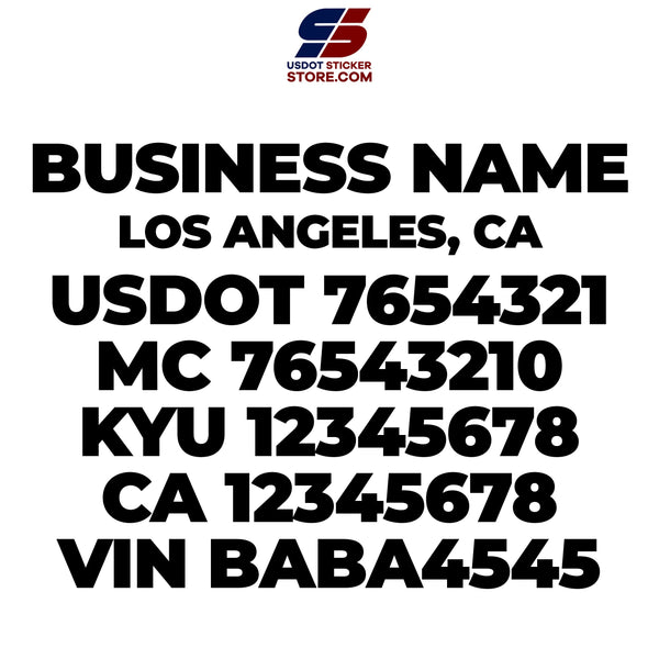 business name, location, usdot, mc, kyu, ca, vin decal sticker
