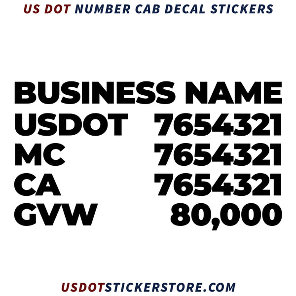 business name with usdot, mc, ca, gvw truck number decal sticker