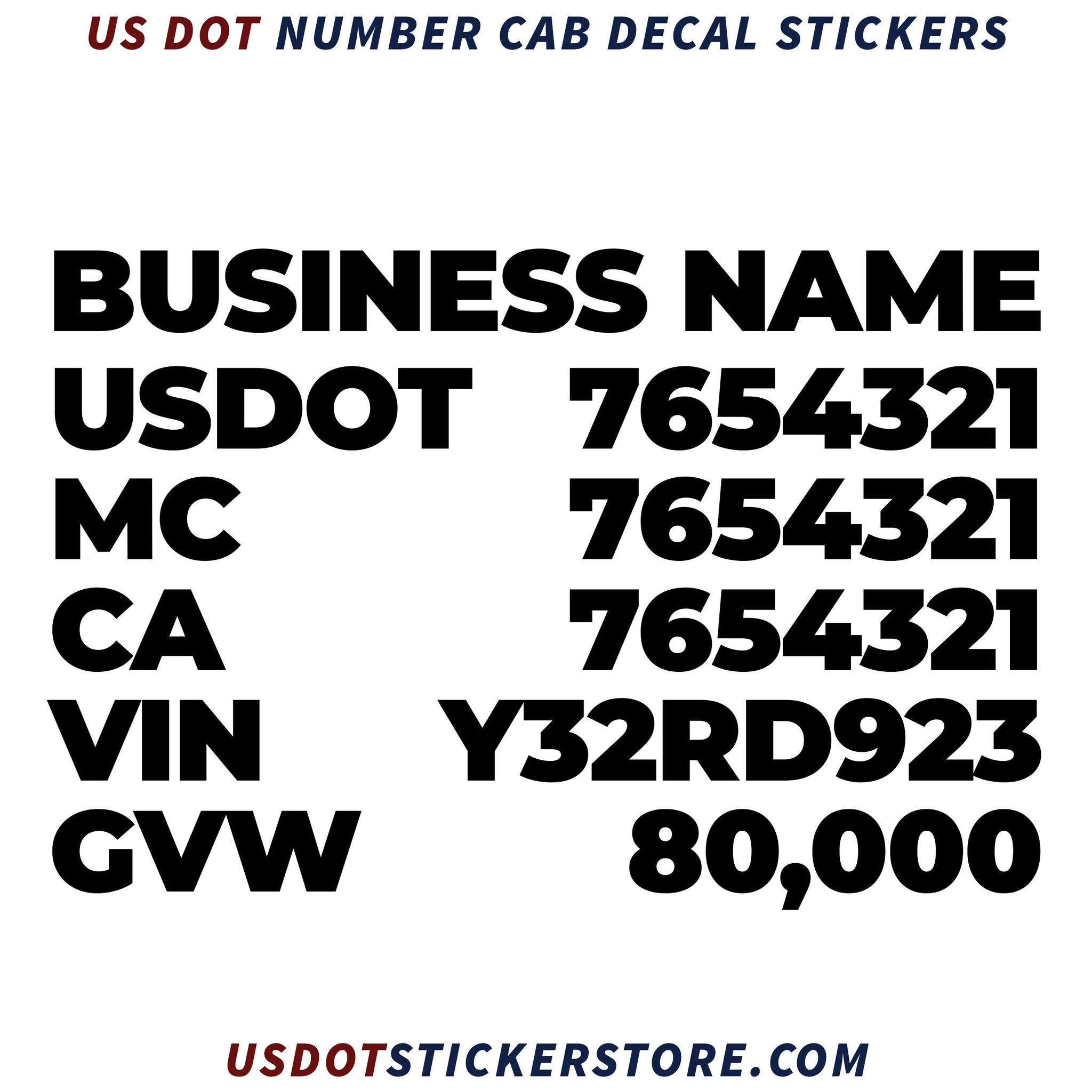 business name, usdot, mc, ca, vin & gvw number decal sticker