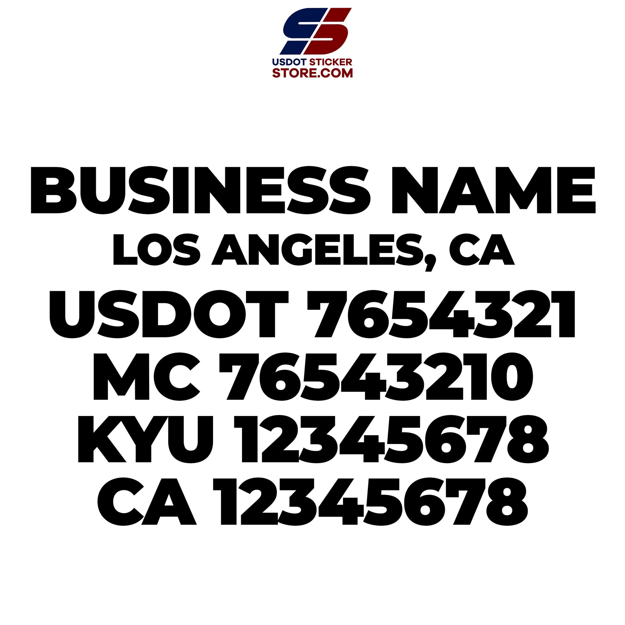 business name with location, usdot, mc, kyu & ca number decal