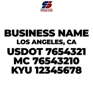 business name, location, usdot, mc & kyu number decal