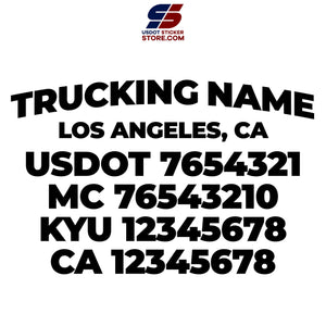 trucking business name, location, usdot, mc, kyu & ca number decal