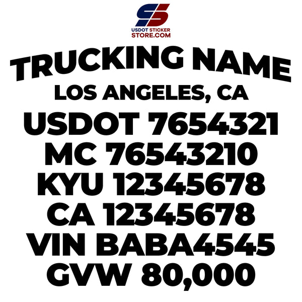 trucking name, usdot, mc kyu ca vin gvw decal sticker
